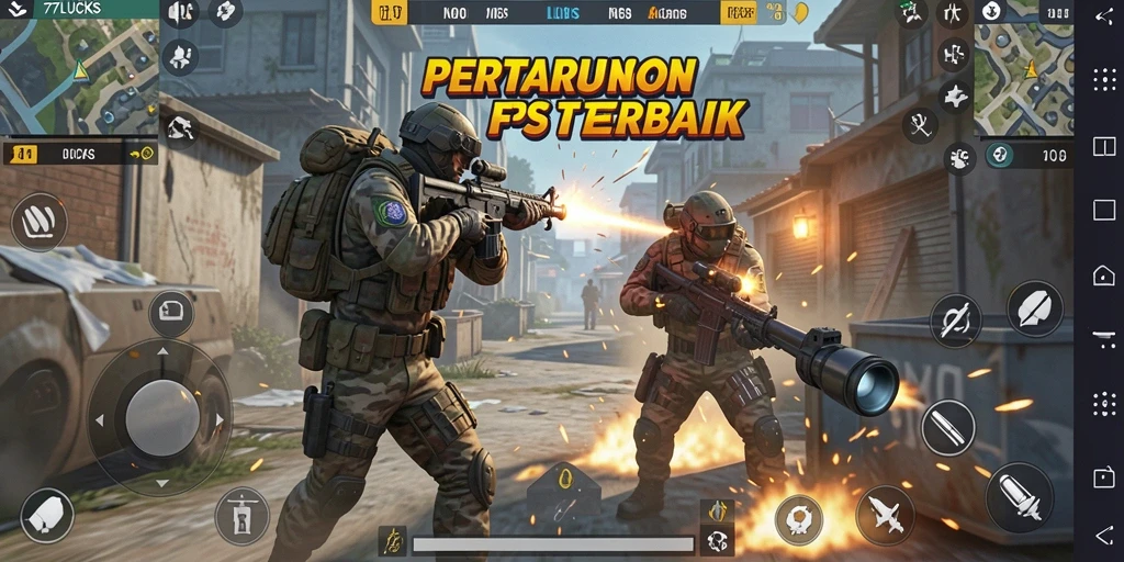 Screenshot gameplay 77LUCKS yang mendebarkan dengan aksi FPS.