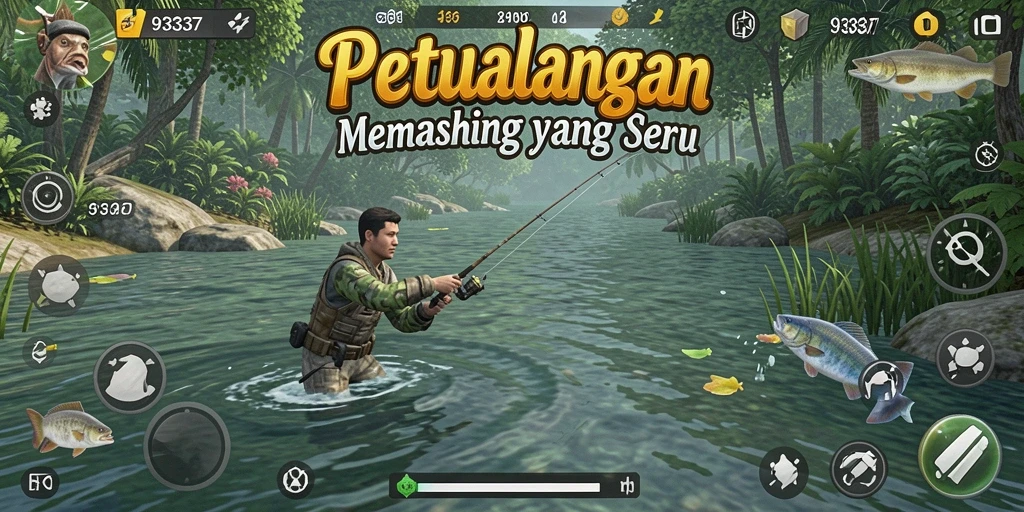 Tampilan gameplay 93337 yang menarik saat memancing di lokasi eksotis.