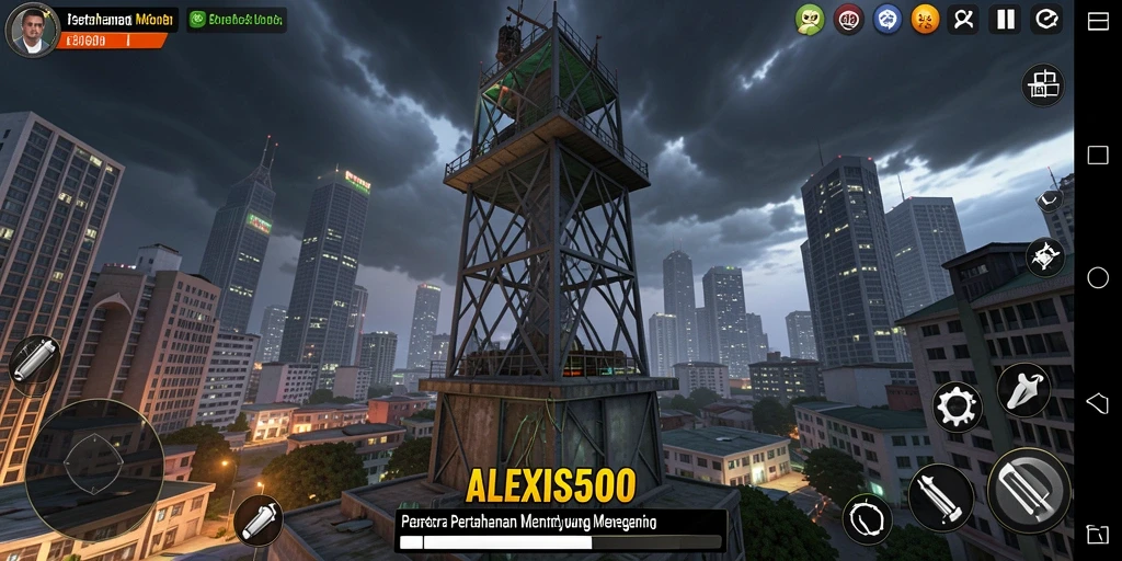 Tampilan gameplay ALEXIS500 yang menguji strategi pertahanan menara.
