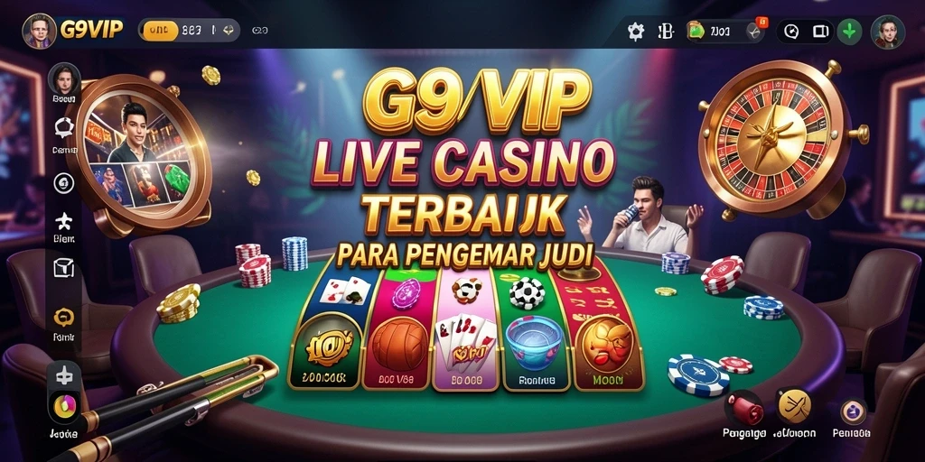 Screenshot G9VIP menampilkan dealer langsung dan suasana permainan Live Casino yang mendebarkan.