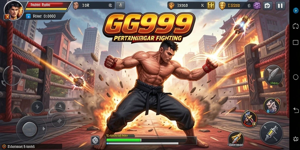 Screenshot utama GG999 menampilkan aksi bertarung yang intens dan seru.