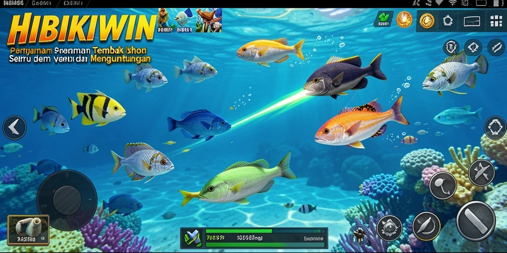 Tampilan gameplay menarik HIBIKIWIN saat menembak ikan.