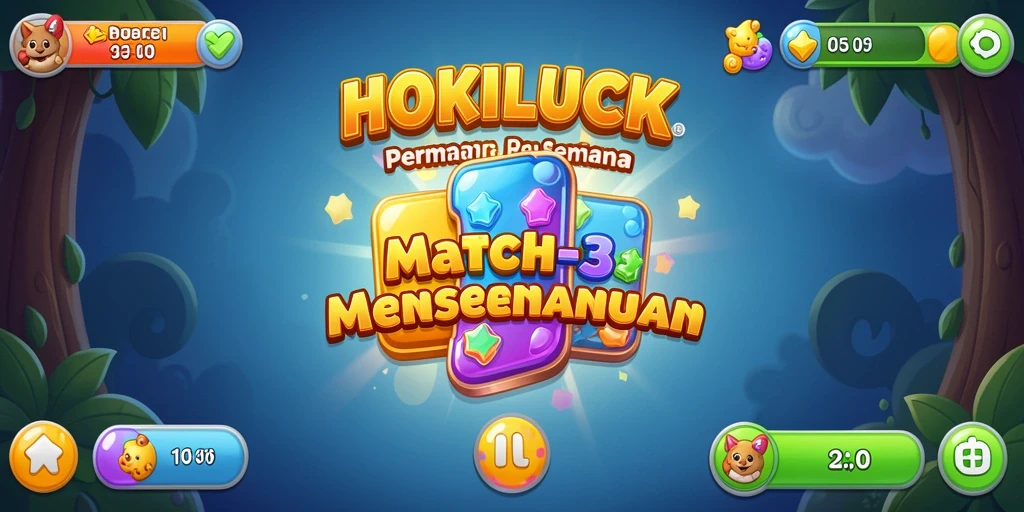 Screenshot gameplay HOKILUCK menampilkan keseruan permainan Match-3 yang penuh warna.