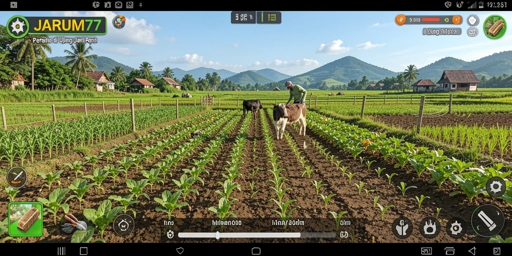 Screenshot utama JARUM77 menampilkan ladang yang subur dengan tanaman hijau.