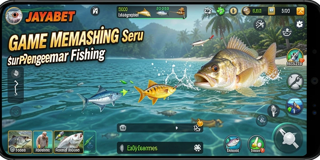 Screenshot gameplay JAYABET menampilkan suasana memancing yang seru di laut.
