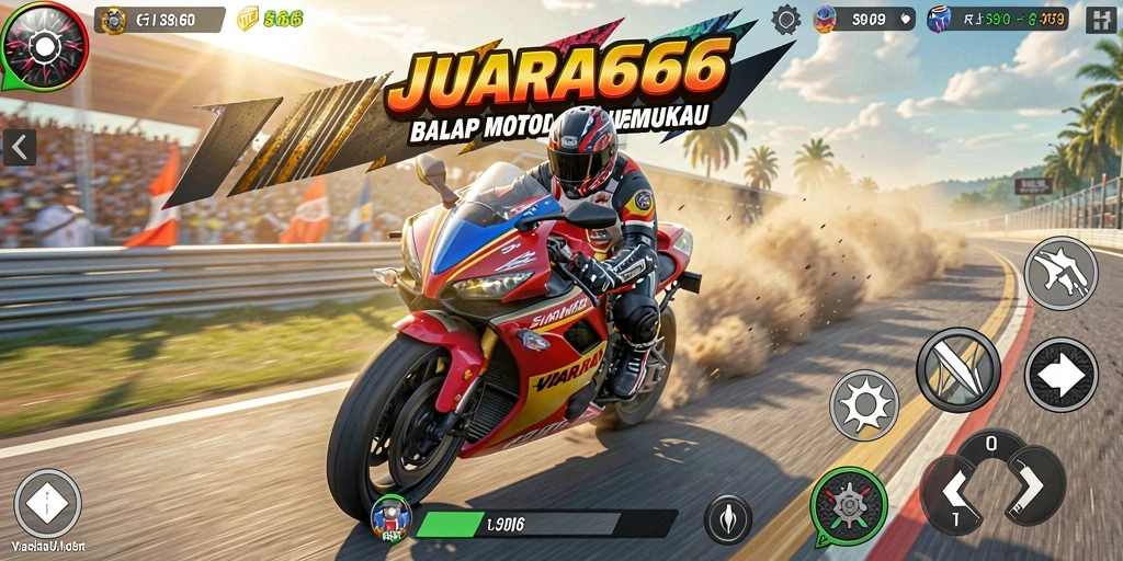 Tampilan utama gameplay JUARA666 yang penuh aksi balap motor.
