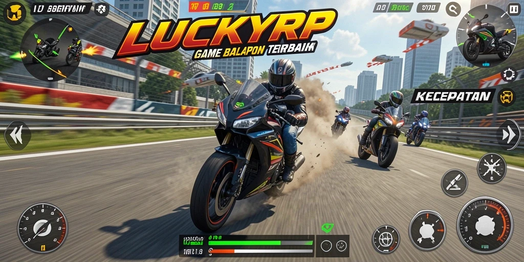 Tangkapan layar gameplay <strong>LUCKYRP</strong> menampilkan aksi balapan motor yang mendebarkan.