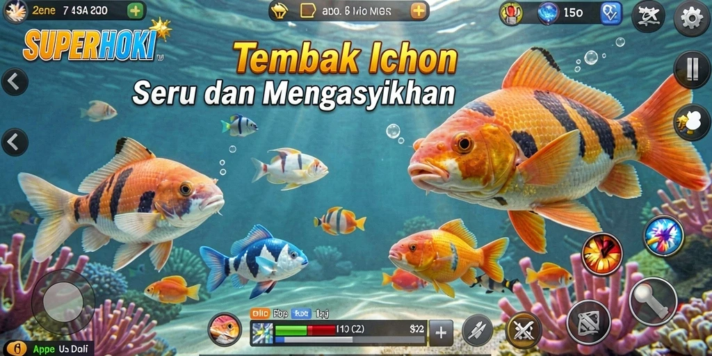 Screenshot gameplay SUPERHOKI menampilkan aksi menembak ikan yang mendebarkan.