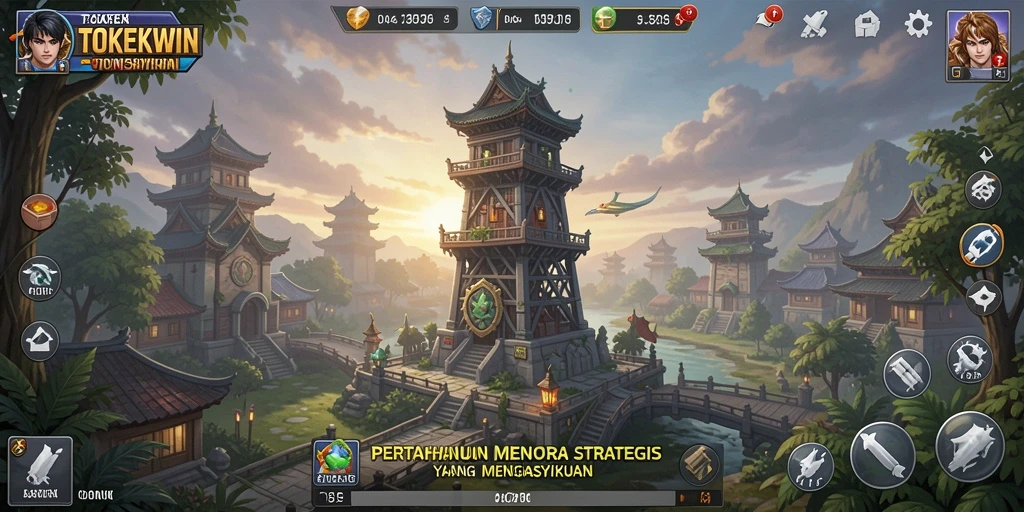 Tampilan seru gameplay TOKEKWIN dengan menara dan musuh.