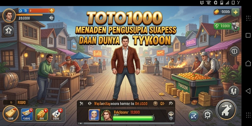 Screenshot gameplay TOTO1000 menampilkan antarmuka pengelolaan bisnis yang dinamis.